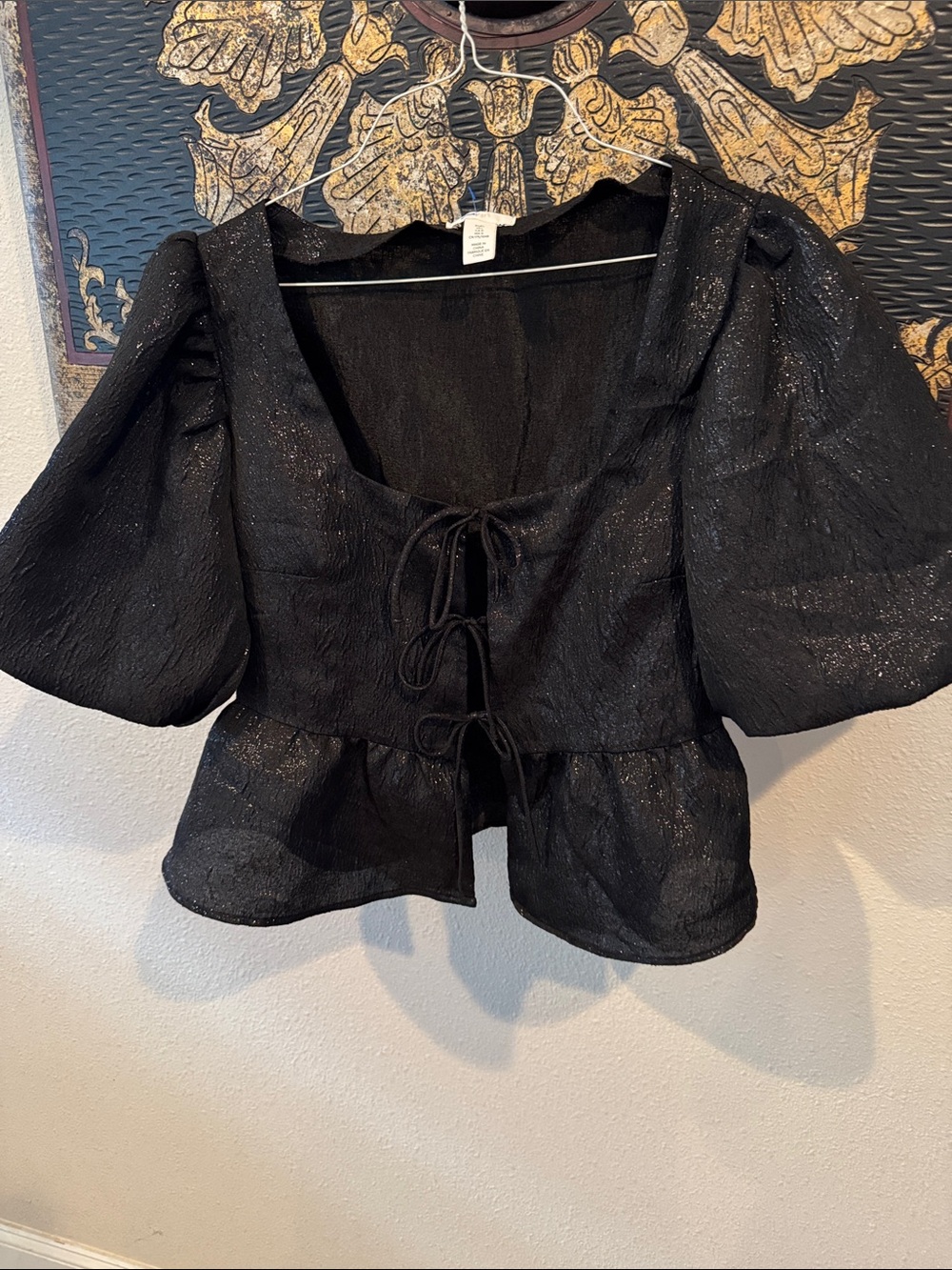 H&M Black Puff-Sleeve Tie-Front Peplum Blouse